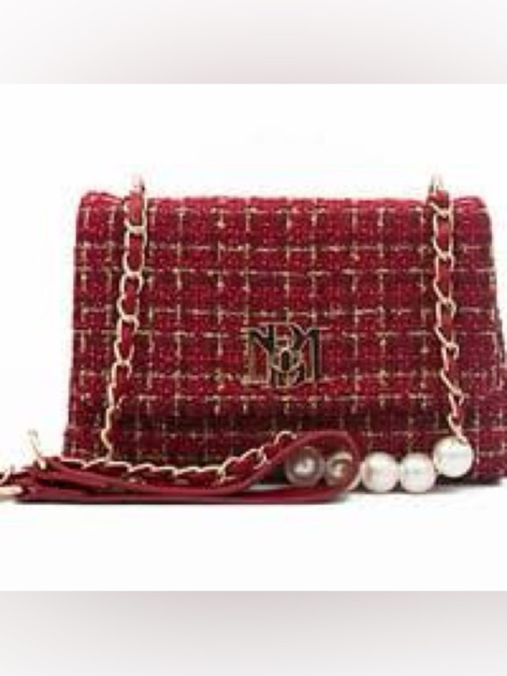 Badgley Mischka Red Tweed Chain Shoulder Clutch with Pearl Accent
